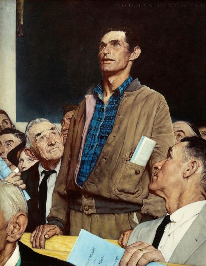 Norman Rockwell painting "Freedom of Speech" depicting a working class man standing to deliver public comment while surrounded by businessmen.