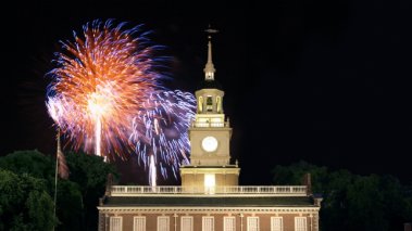 Independence Hall with fireworks