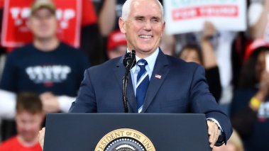 Vice President Mike Pence smiles while he delivers remarks at a Keep America Great 2020 Rally at the Giant Center.
