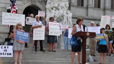 Protesters gather on the steps of the Pennsylvania State Capitol in July 2021 for the Rally to Stop Critical Race Theory in Pennsylvania Schools.