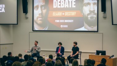 the Penn State chapter of Uncensored America organized a debate between Elijah Schaffer (left), a reporter for the conservative outlet The Blaze, and Steven “Destiny” Bonnell (right), a political commentator and YouTube personality.