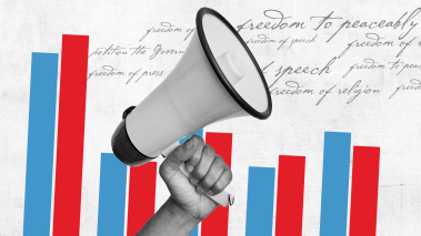 Hand holding megaphone over graphic of red and blue bar graph lines