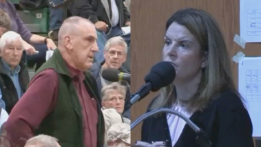 An image of a man standing up in a crowd next to an image of a woman speaking into a microphone
