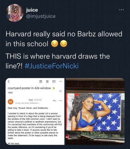 Harvard really said no Barbz allowed in school ? ? THIS is where harvard draws the line?! #JusticeForNicki.