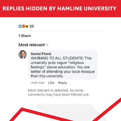 Facebook reply hidden by Hamline University