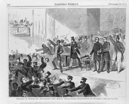 Illustration from the Dec. 15, 1860 issue of "Harper's Weekly" showing Frederick Douglass and a group of abolitionists being forced off stage by a mob at Tremont Temple, Boston, Massachusetts, on December 3, 1860. 