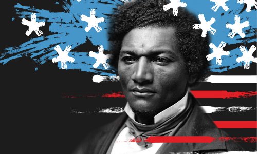 Frederick Douglass photo overlaid with stars and stripes like the American flag.