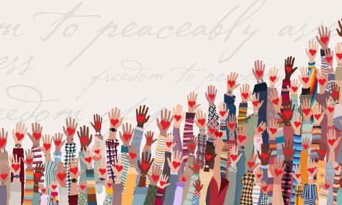 Cartoon illustration of people raising hands