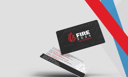 A black card with "FIRE" written in bold white letters and our flame icon in red.