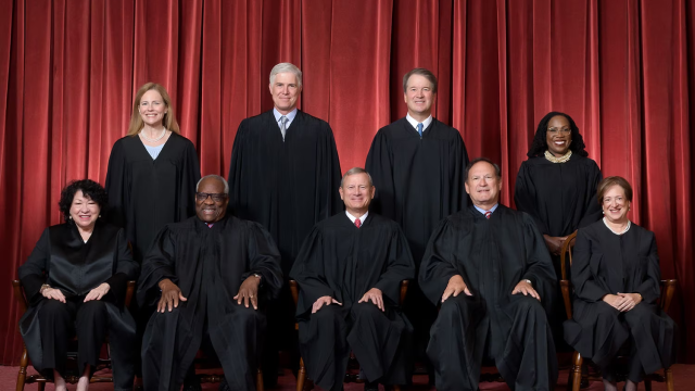 The Supreme Court as composed June 30, 2022 to present. Front row, left to right: Associate Justice Sonia Sotomayor, Associate Justice Clarence Thomas, Chief Justice John G. Roberts, Jr., Associate Justice Samuel A. Alito, Jr., and Associate Justice Elena Kagan. Back row, left to right: Associate Justice Amy Coney Barrett, Associate Justice Neil M. Gorsuch, Associate Justice Brett M. Kavanaugh, and Associate Justice Ketanji Brown Jackson.