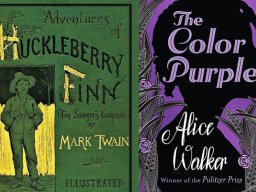 Book covers of "The Adventures of Huckleberry Finn" and "The Color Purple"