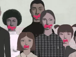 Concept idea of free speech freedom of expression and censored showing diverse group of people with red tape across their mouths