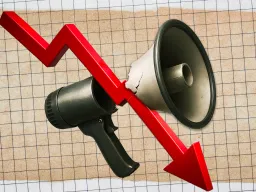 Graph paper with red line going down, cutting a megaphone in half.