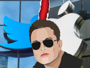 Elon Musk between the headquarters of Apple and Twitter