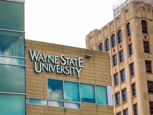 Wayne State University sign on the side of a building in Detroit 