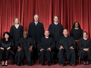 The Supreme Court as composed June 30, 2022 to present. Front row, left to right: Associate Justice Sonia Sotomayor, Associate Justice Clarence Thomas, Chief Justice John G. Roberts, Jr., Associate Justice Samuel A. Alito, Jr., and Associate Justice Elena Kagan. Back row, left to right: Associate Justice Amy Coney Barrett, Associate Justice Neil M. Gorsuch, Associate Justice Brett M. Kavanaugh, and Associate Justice Ketanji Brown Jackson.