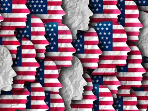 Image depicting abstract faces with U.S. flag on them and those made of blank paper