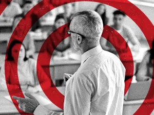 Scholars Under Fire 2025 report cover showing a teacher and student in black and white with a red bullseye target over the teacher