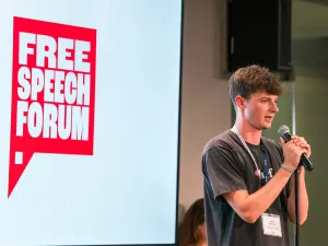 FIRE staffer Jack Povilaitis speaks at the 2025 Free Speech Forum at American University in Washington DC