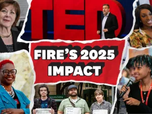 Photo collage featuring FIRE clients Ann Selzer, Monica Meeks, and Kim Diei — and FIRE President & CEO Greg Lukianoff at a TED Talk — around the words: "FIRE'S 2025 IMPACT"
