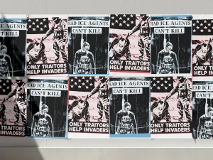 Collage of a poster reading "Only Traitors Help Invaders" and another reading  of posters at reading "Dead ICE Agents Cant Kill"