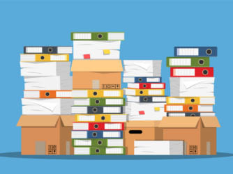 piles of books in boxes illustration