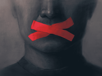 An illustration of a persons mouth with red tape in an X over their mouth. 
