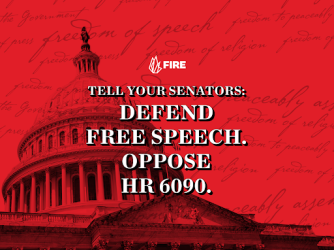 Red background with text reading, "Tell your senators: Defend free speech. Oppose HR 6090."