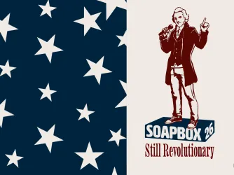 Founding Father on a soapbox speaking into a microphone