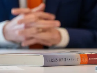 Princeton University President Christopher Eisgruber sits next to his new book “Terms of Respect: How Colleges Get Free Speech Right"