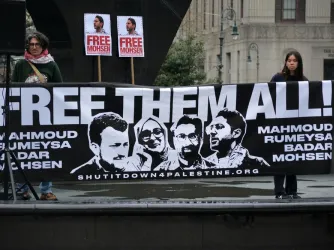 NEW YORK, NEW YORK USA - April 15, 2025: Rally for student activist Mohsen Mahdawi following his arrest by ICE agents across from the ICE Manhattan headquarters.