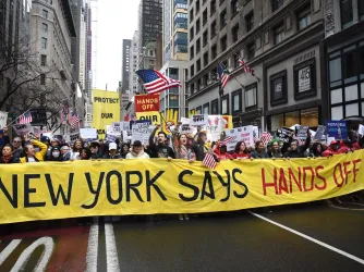 Demonstrators in New York City march down 5th Ave in the "Hands Off" protest against President Trumps policies and Musk led government cuts. 