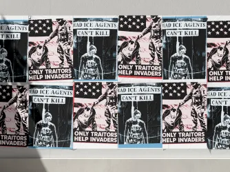 Collage of a poster reading "Only Traitors Help Invaders" and another reading  of posters at reading "Dead ICE Agents Cant Kill"
