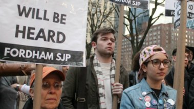 Members and supporters of Fordham Students for Justice in Palestine rallied in 2017 on the university's Manhattan campus to protest the Fordham administration's refusal to register SJP as a student organization.