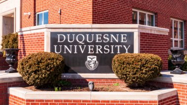Duquesne University sign on campus.