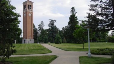 A bell tower on the University of North Iowa's campus.