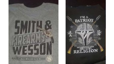 A picture of a Smith and Wesson T-shirt with a revolver emblazoned on it. Next to it is a picture of sweatshirt with a Star Wars Mandalorian helmet on it in front of two blasters.