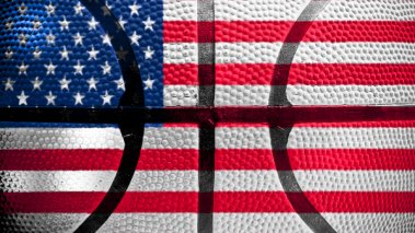 American Flag superimposed on basketball illustration