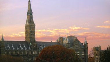 Georgetown University's Healy Hall from the east side taken at sunset from the Walsh Building.