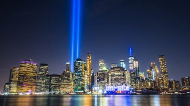 New York skyline view with Tribute in Light Memorial in remembrance of the September 11, 2001 attacks.