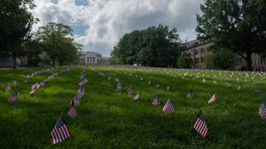 Flags line Bascom Hill on the University of Wisconsin Campus to commemorate lives lost on 9/11.