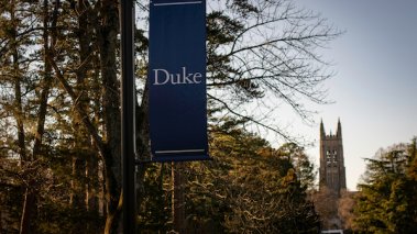 Duke University banner with admissions building in background