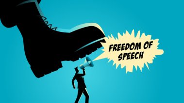 Vector illustration of a giant army boot trampling on a man shouting freedom of speech