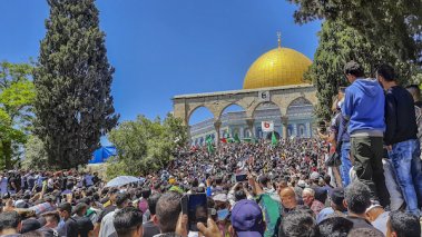 worshipers at Al-Aqsa Mosque in which there is clashes between Israeli police and Palestines on May 09, 2021 in East Jerusalem