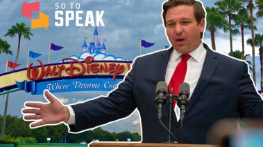 Graphic of Florida Gov. Ron DeSantis at a podium in front of the entrance to Walt Disney World