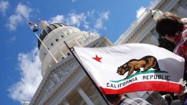 Labor union supporter carries California state flag at the California State Capitol during a political rally.