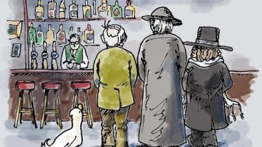 Cartoon of a priest, a rabbi, a minister and a duck walking into a bar,