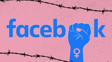 Graphic of "facebook" text with raised fist and female symbol, overlaid with barbed wire.