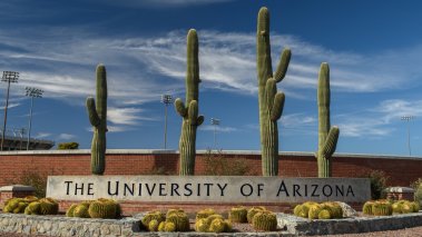 Entrance sign to the campus of the University of Arizona in Tucson with cactuses in the backgrounc