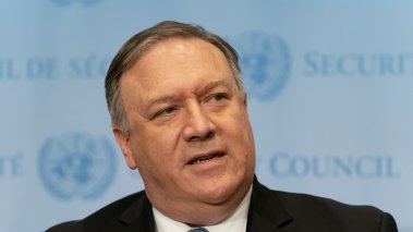 Former Secretary of State Mike Pompeo addresses press after a United Nations Security Council nuclear non-proliferation meeting at UN Headquarters in New York.